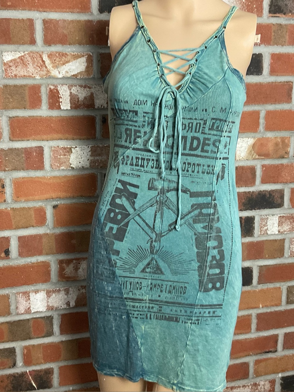 Salvage Vintage Lace-Up Graphic Tank Dress in Teal...S